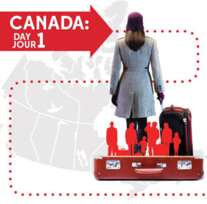 Woman with suitcase at Canada: Day One Exhibit